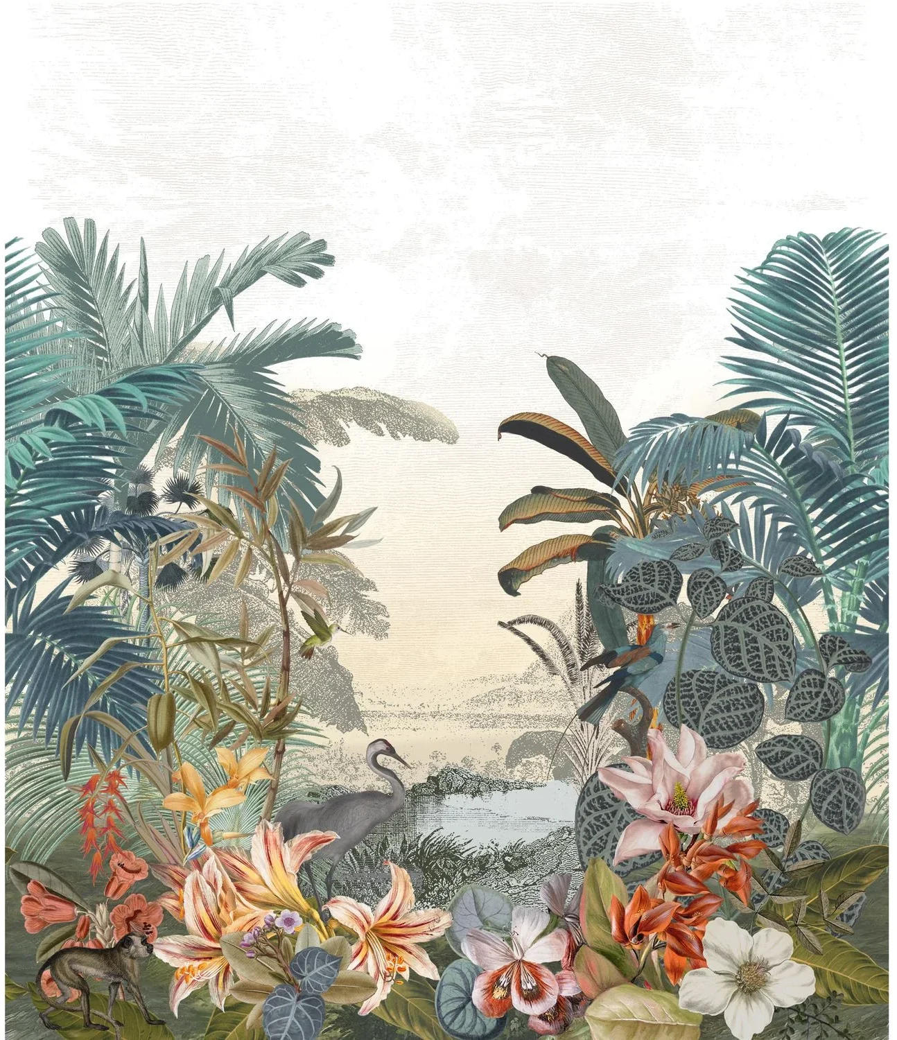 Paraiba von Casamance mit üppigen Palmen, großen Blättern und farbigen Blüten vor einem hellen Hintergrund.