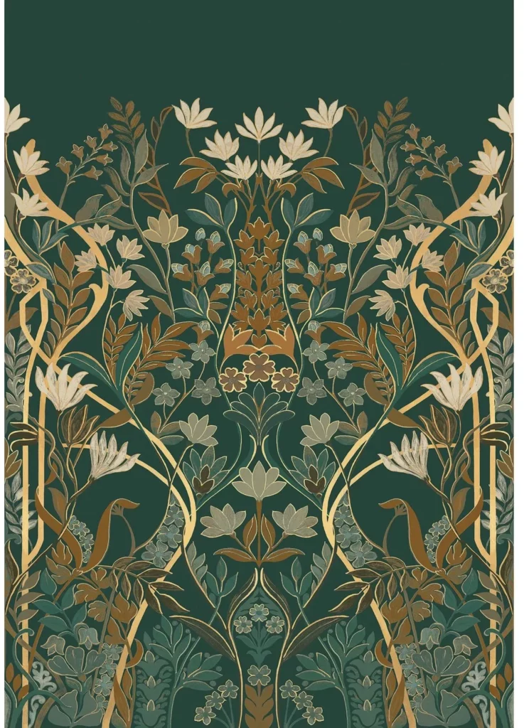 Salon des miroirs von Casamance mit symmetrisch angeordneten Blüten, Zweigen und Vögeln auf dunkelgrünem Grund.