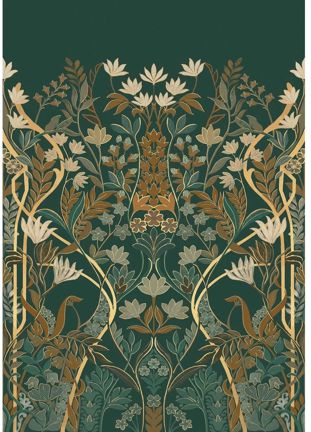 Salon des miroirs von Casamance mit symmetrisch angeordneten Blüten, Zweigen und Vögeln auf dunkelgrünem Grund.