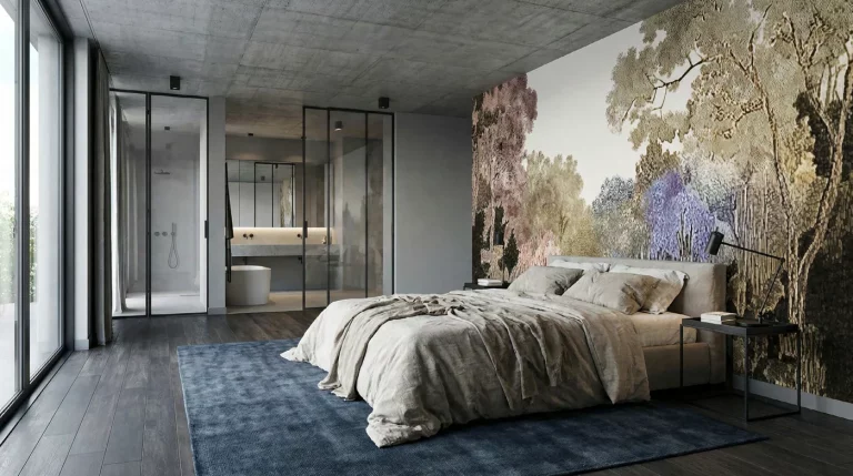 Schlafzimmer mit der großflächigen Landschaftstapete Fairytale von RAUMKLEID
