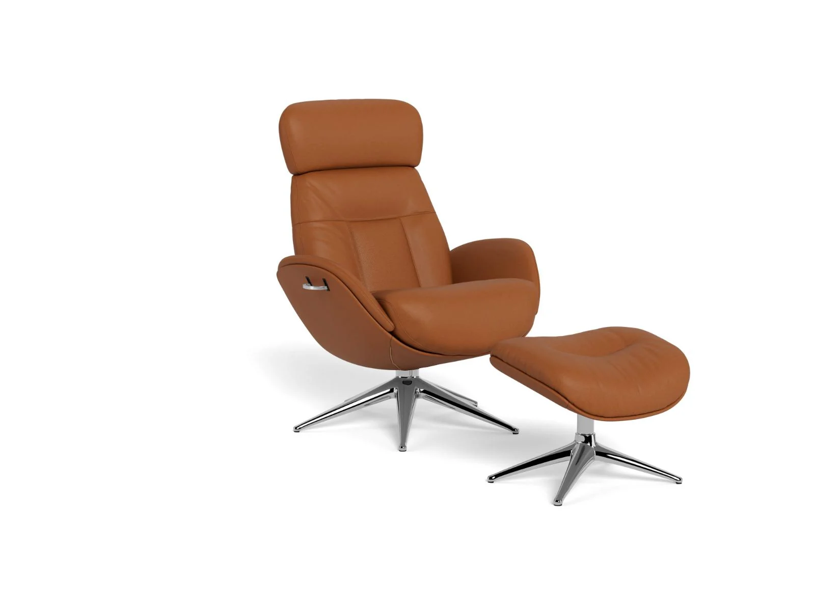 Cognacfarbener Relaxsessel Elegant von Flexlux mit Metallgestell und passendem Fußhocker.