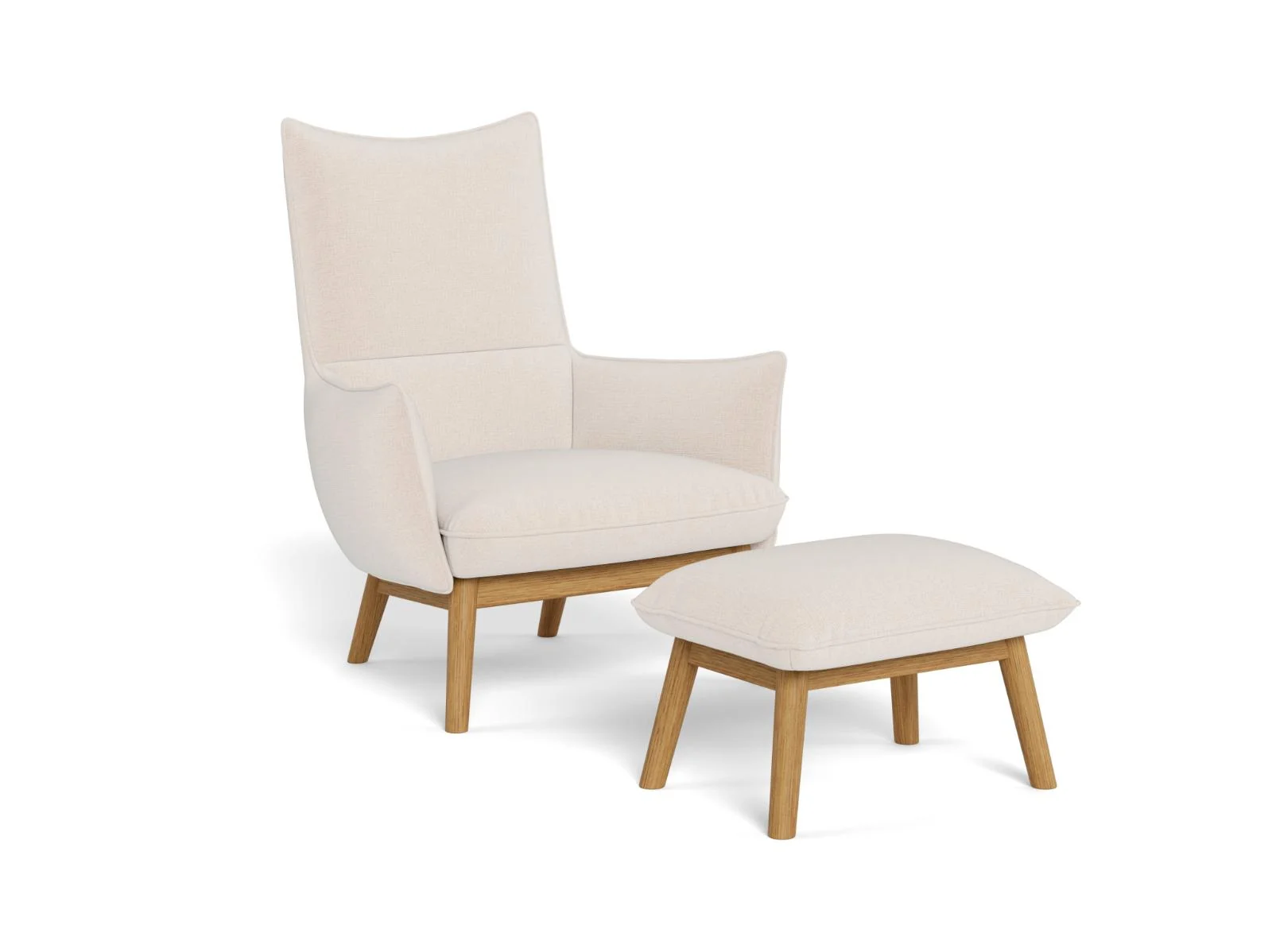 Heller Scopello-Sessel von Flexlux mit hohem Rücken, Holzgestell und passendem Fußhocker.