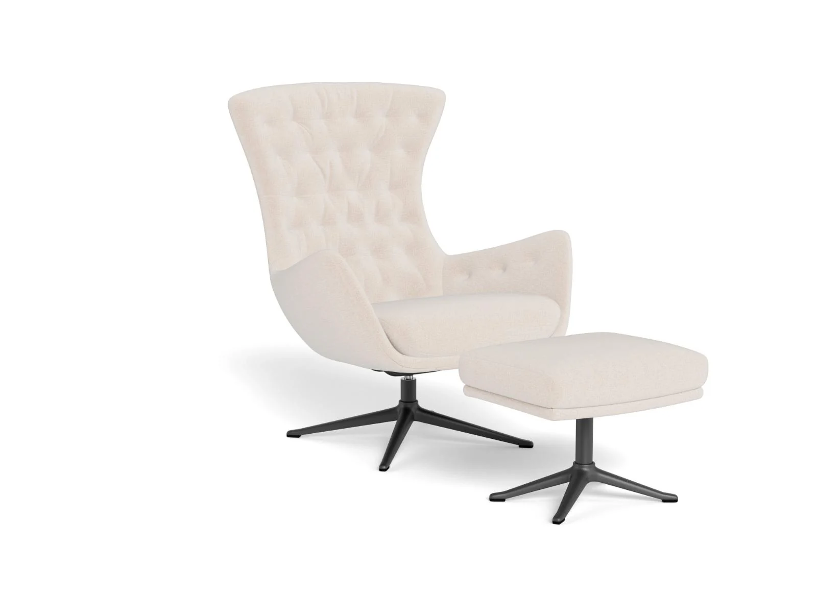 Heller Sini-Sessel von Flexlux mit gestepptem Rücken, dunklem Drehgestell und passendem Fußhocker.