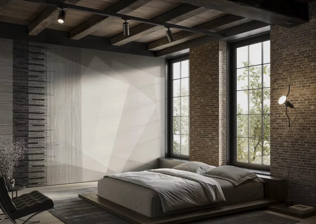 Cinetica von Glamora: Überlagerte helle geometrische Flächen und dunkle Striche an der Wand neben einem Bett.