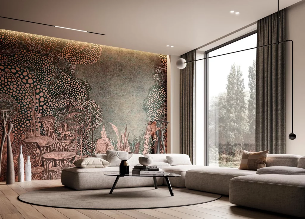 Fein gezeichnete Unterwasserformen in Rosé und Gold hinter einer hellen Sitzgruppe am Fenster.