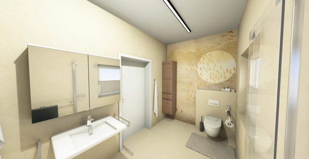 Planungsansicht mit Waschbecken und Spiegel links sowie WC und goldfarbener Vogelmotivwand im Hintergrund.