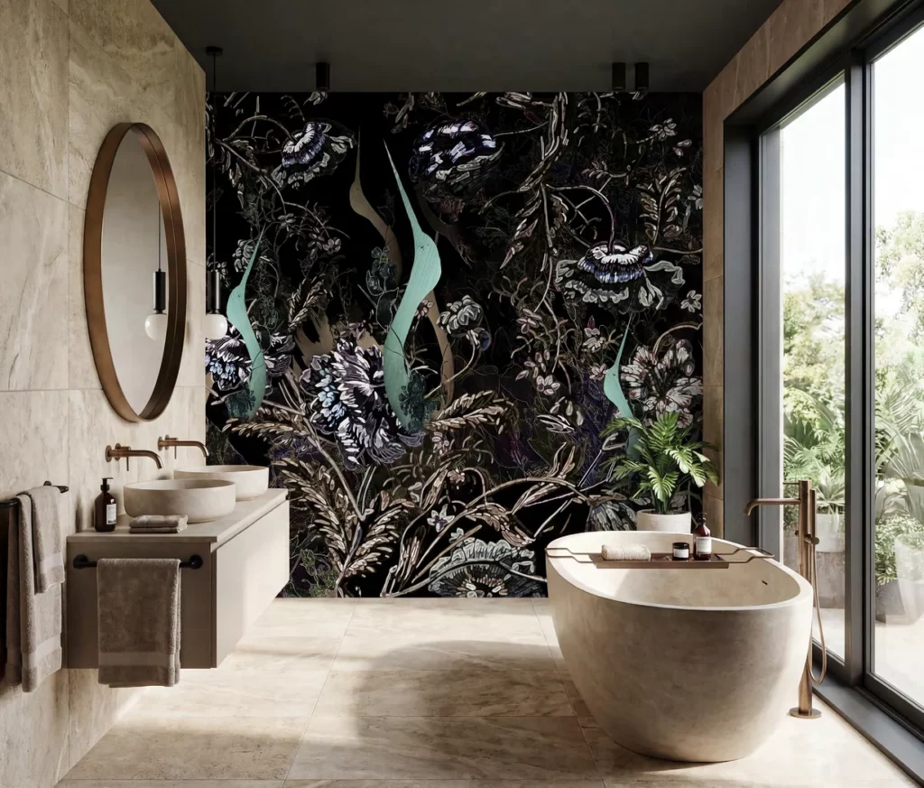 Herstellerdarstellung des floralen RAUMKLEID-Motivs Avia hinter einer freistehenden Badewanne