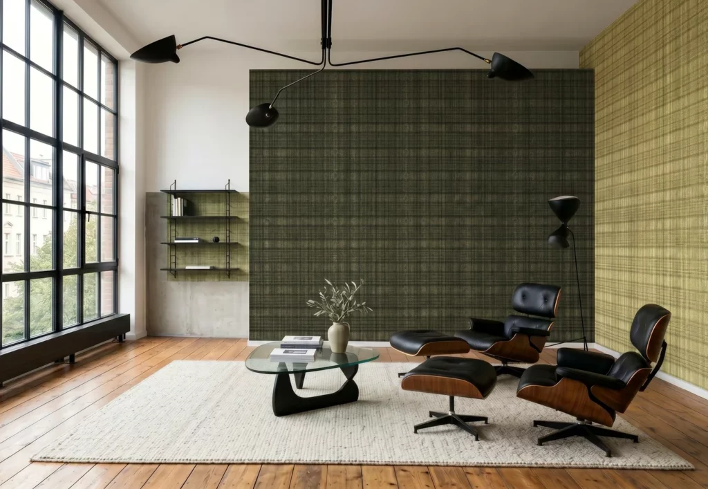 Wohnzimmer mit dem karierten Wandmotiv Towel von RAUMKLEID