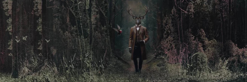 RAUMKLEID Franz im Wald: Hirschfigur im Anzug vor einer dunklen Waldlandschaft