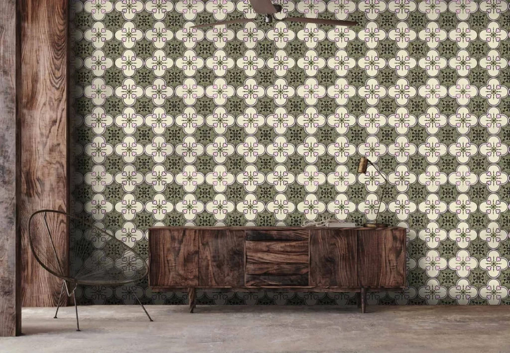 Kommode vor dem geometrischen Wandmotiv Lisboa aus der Farbwelt Divine von RAUMKLEID Mix & Match