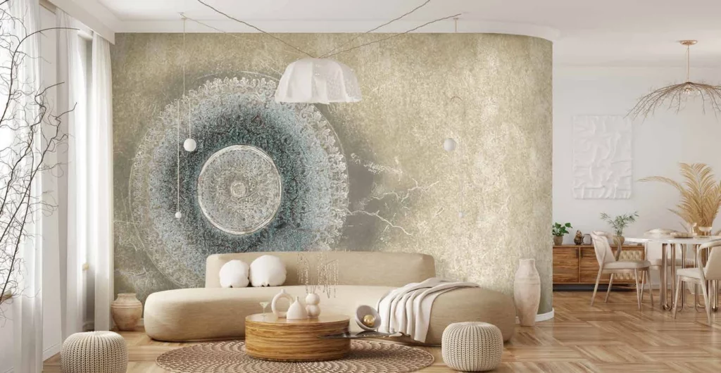 Wohnzimmer mit dem kreisförmigen Wandmotiv Ornament von RAUMKLEID