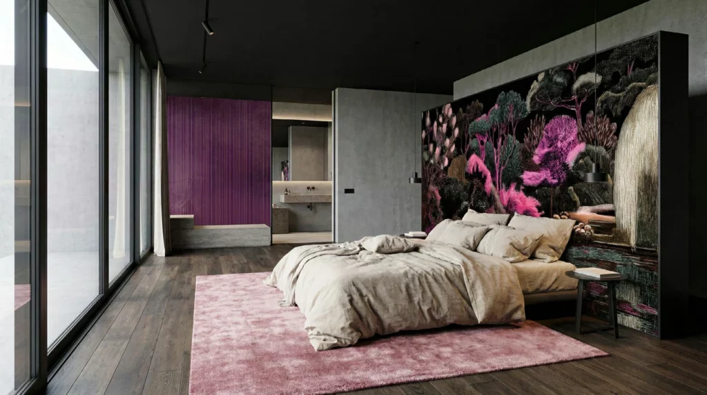 Schlafzimmer mit dem dunklen floralen Wandmotiv Niwa von RAUMKLEID