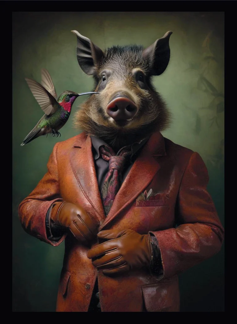 RAUMKLEID Herr Maier: Wildschweinporträt im roten Jackett mit Kolibri