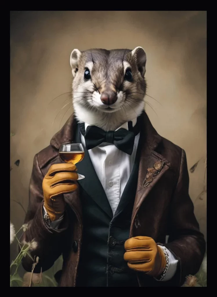 RAUMKLEID Fritz: Tierporträt im Anzug mit einem Glas in der Hand