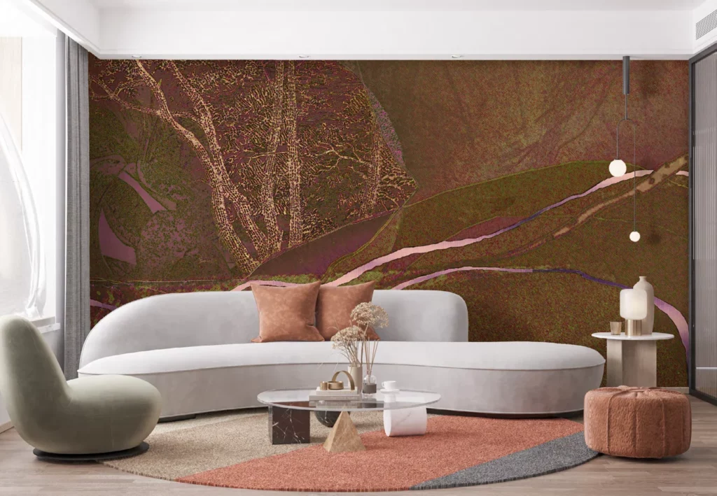 Wohnzimmer mit dem großflächigen Blattmotiv Gaya von RAUMKLEID
