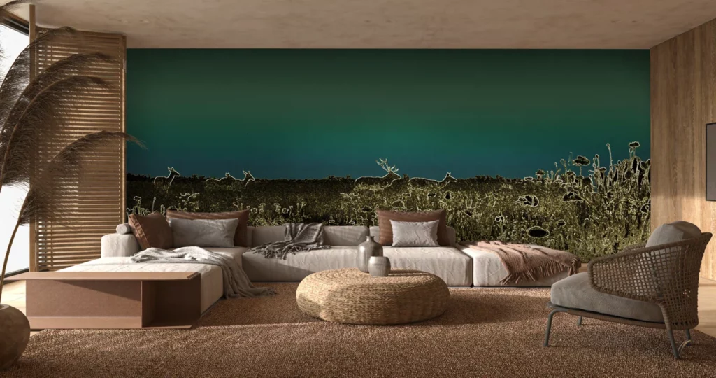 Schlafzimmer mit dem Landschaftsmotiv Moonwalk von RAUMKLEID