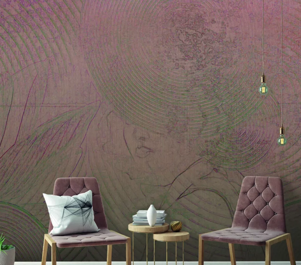 Sitzbereich vor dem großflächigen Wandmotiv Cosmopolitan von RAUMKLEID
