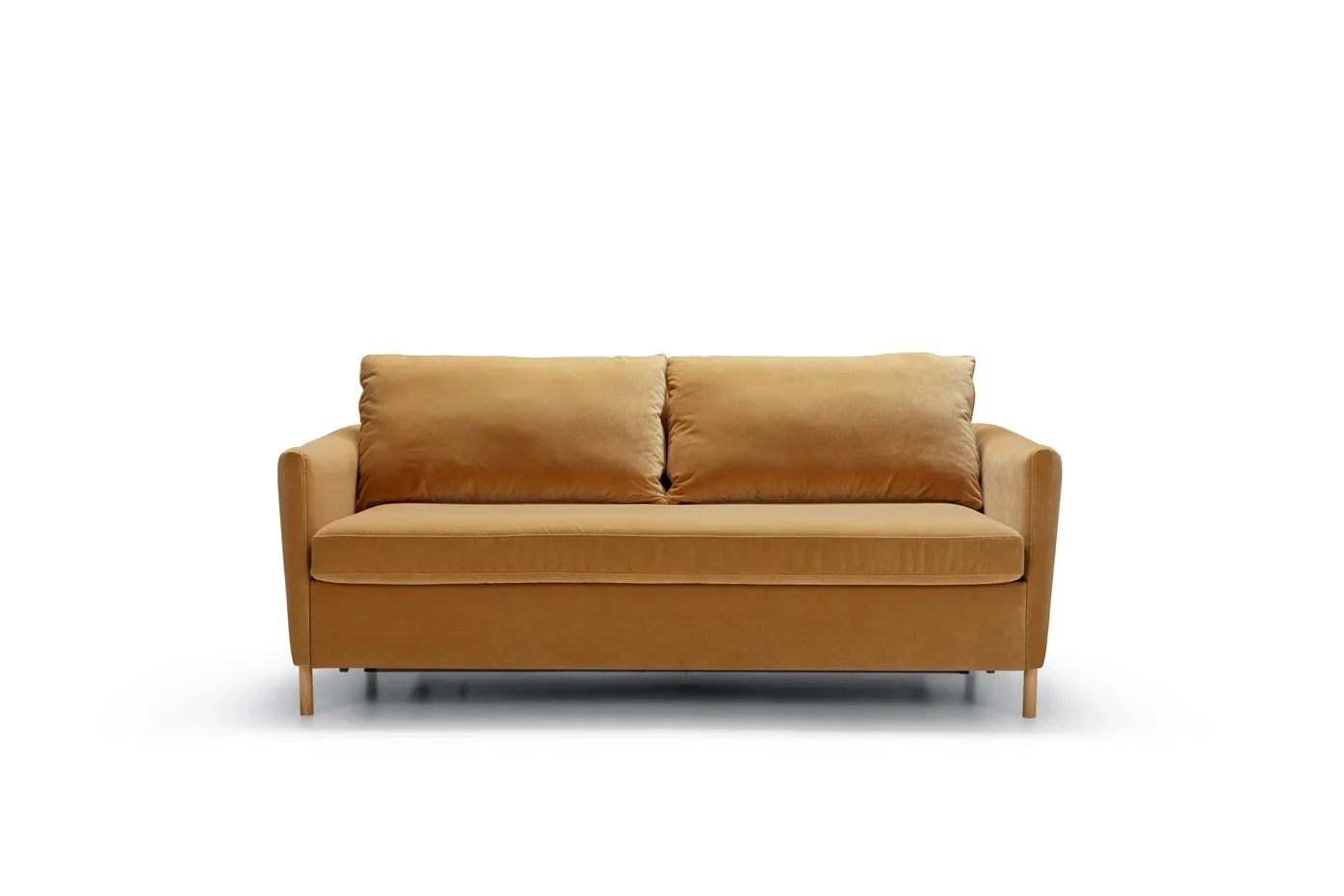 Senffarbenes Schlafsofa Frances von SITS mit schmalen Armlehnen und dunklen Füßen.